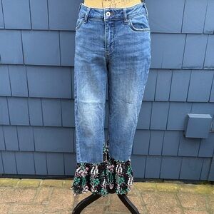 Anthropologie Blue Cropped Jeans with Floral Ruffle Hem Pilcro ruffle